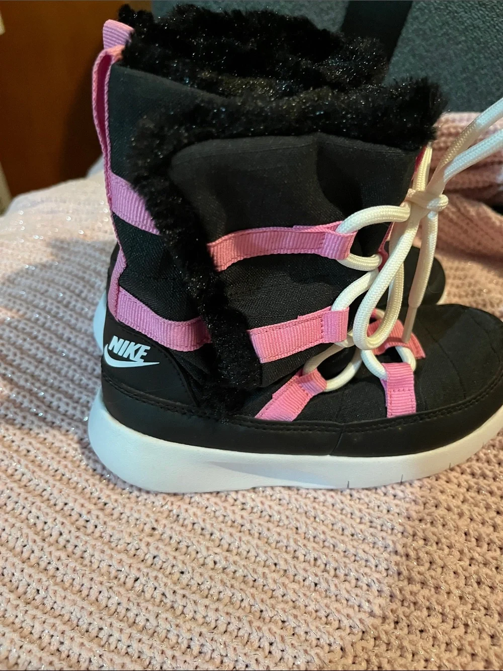 Nike Kids Black and Pink Snow Boots with Faux Fur Trim
